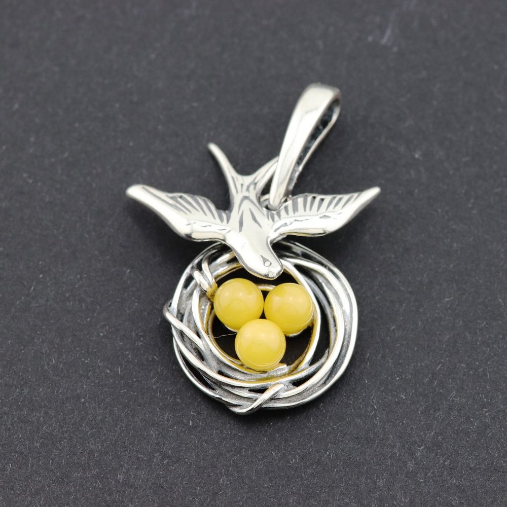 Very unique yellow amber pendant with all three parts moving, sterling silver - Picture 4 of 11